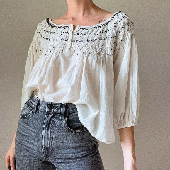Free People Tops - Free People White Half Sleeve Embroidered Peasant Blouse